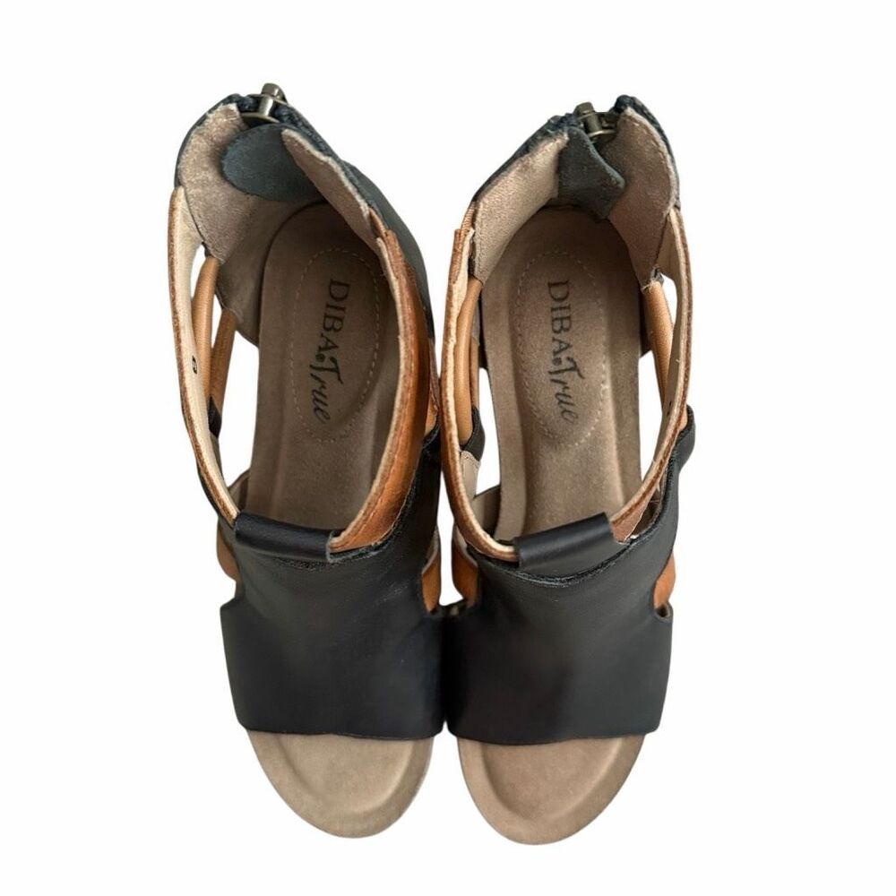 Diba True Night Out EUC 8M Leather Wedge Sandals Black Brown Peep Toe Comfort - Picture 7 of 12